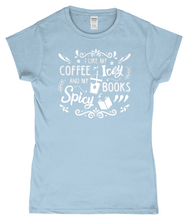 Load image into Gallery viewer, Ladies Fitted T-Shirt Coffee Icey & Books Spicy
