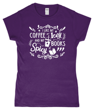 Load image into Gallery viewer, Ladies Fitted T-Shirt Coffee Icey & Books Spicy