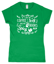 Load image into Gallery viewer, Ladies Fitted T-Shirt Coffee Icey & Books Spicy