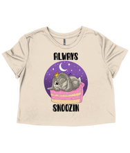 Load image into Gallery viewer, Pixie Cakeface 'Always Snoozin' Ladies Flowy Cropped T-Shirt