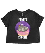 Load image into Gallery viewer, Pixie Cakeface 'Always Snoozin' Ladies Flowy Cropped T-Shirt