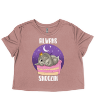 Load image into Gallery viewer, Pixie Cakeface 'Always Snoozin' Ladies Flowy Cropped T-Shirt