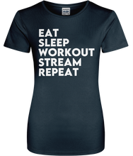 Load image into Gallery viewer, Eat Sleep Workout Stream Repeat Women&#39;s Cool Sports T-shirt
