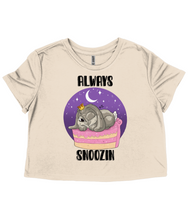 Load image into Gallery viewer, Pixie Cakeface &#39;Always Snoozin&#39; Ladies Flowy Cropped T-Shirt
