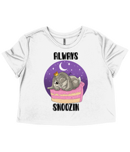 Load image into Gallery viewer, Pixie Cakeface &#39;Always Snoozin&#39; Ladies Flowy Cropped T-Shirt
