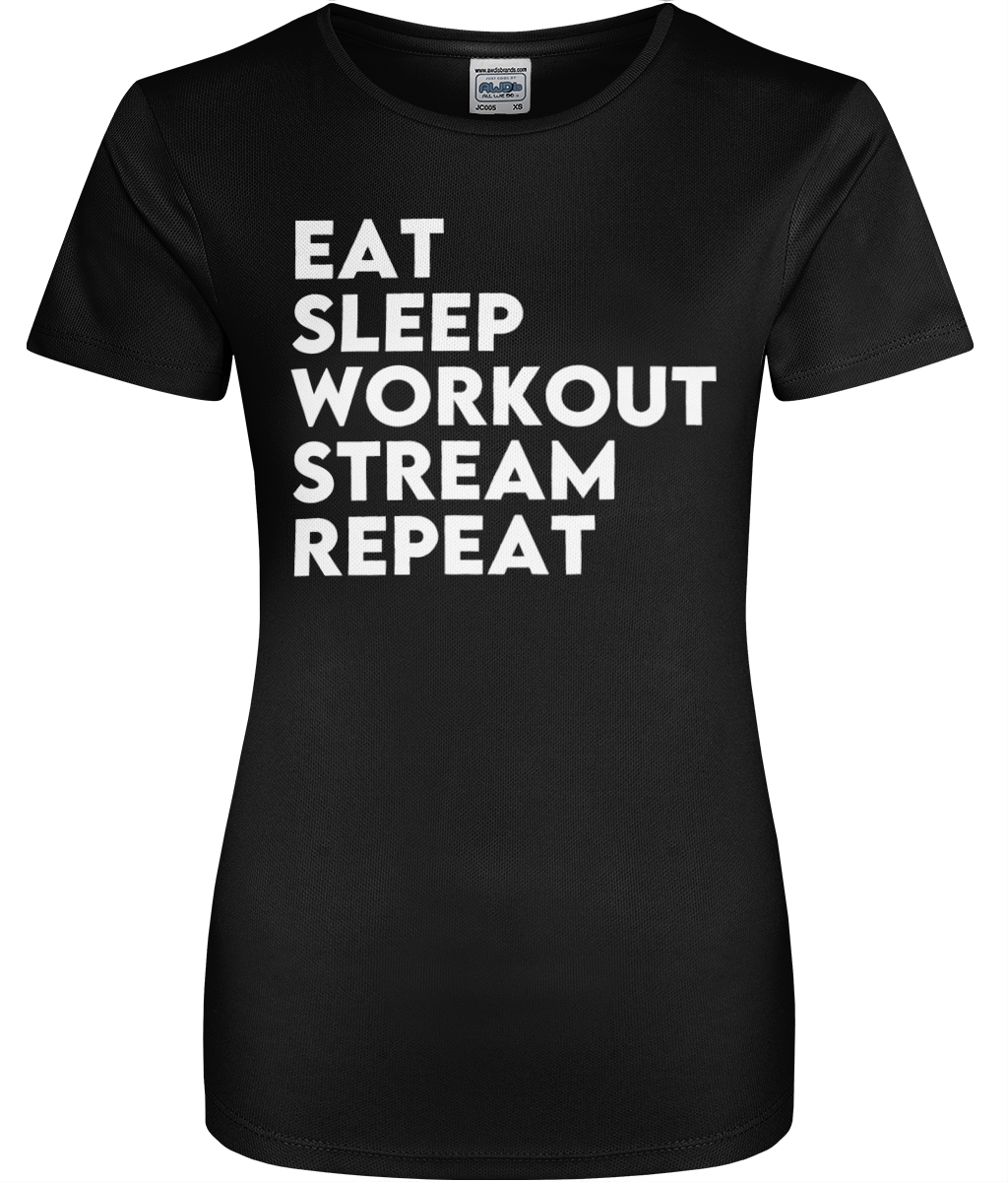 Eat Sleep Workout Stream Repeat Women's Cool Sports T-shirt