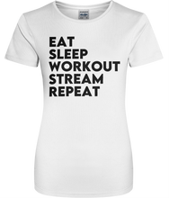 Load image into Gallery viewer, Eat Sleep Workout Stream Repeat Women&#39;s Cool Sports T-shirt
