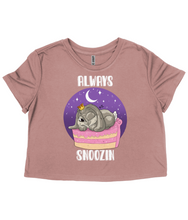 Load image into Gallery viewer, Pixie Cakeface &#39;Always Snoozin&#39; Ladies Flowy Cropped T-Shirt
