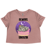 Load image into Gallery viewer, Pixie Cakeface &#39;Always Snoozin&#39; Ladies Flowy Cropped T-Shirt
