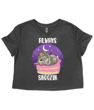 Load image into Gallery viewer, Pixie Cakeface &#39;Always Snoozin&#39; Ladies Flowy Cropped T-Shirt
